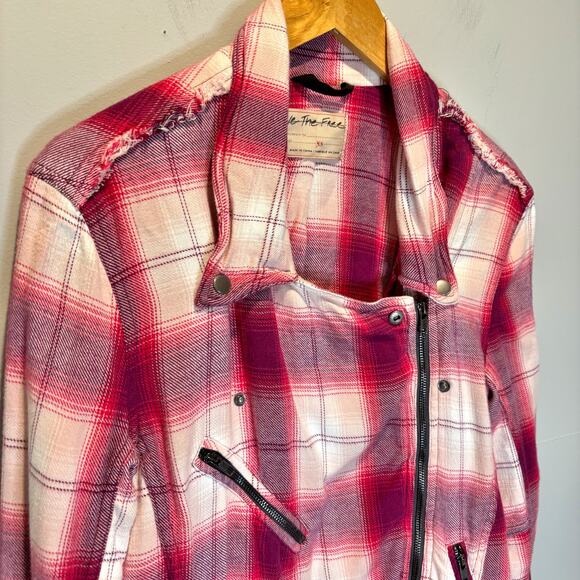 We the Free Stranger Friends Pink Plaid Oversized Moto Jacket - size XS - Picture 3 of 7